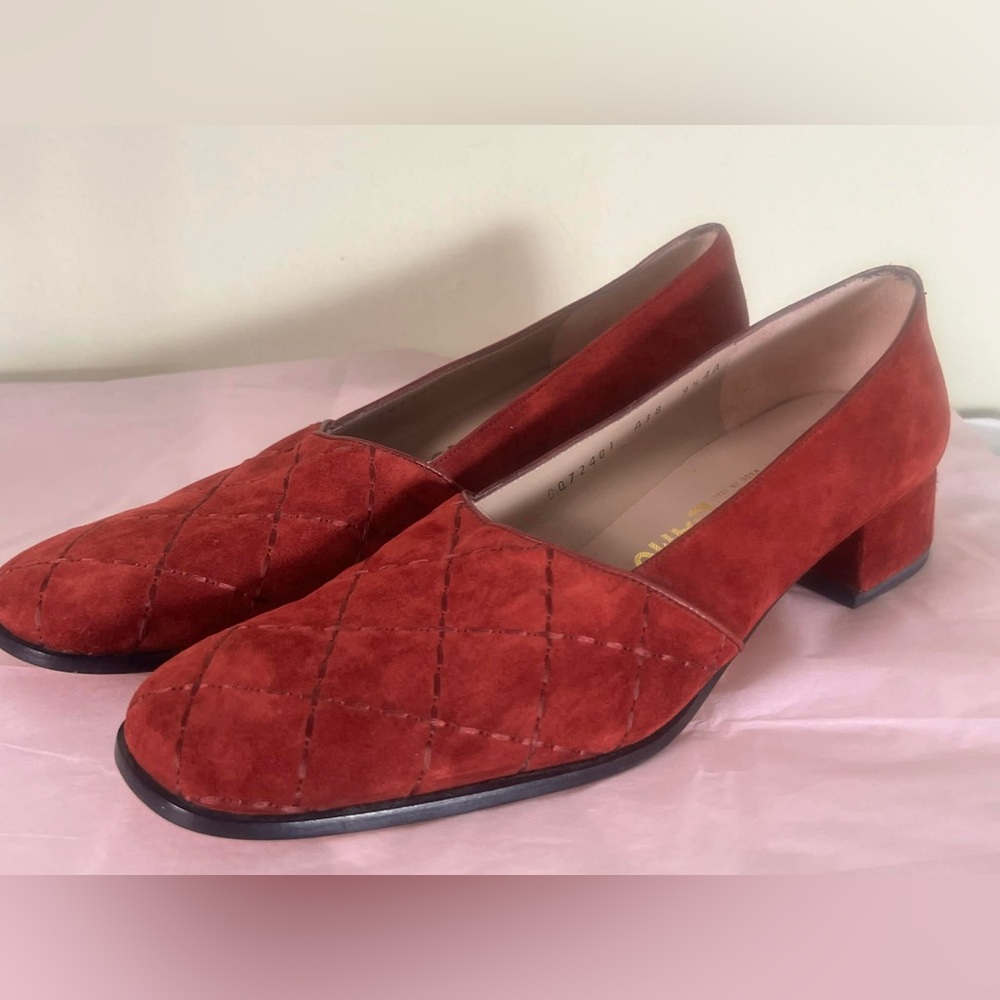 Salvatore Ferragamo Rust Red Quilted Suede Block Heel Loafers
